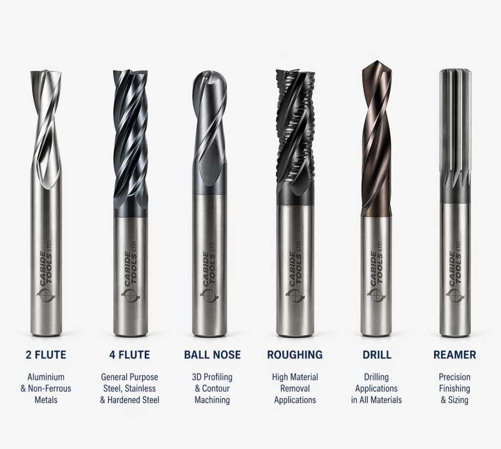 Comparison of carbide cutting tools including 2 flute and 4 flute end mills, ball nose, roughing end mill, drill and reamer with typical machining applications