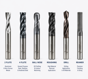 Comparison of carbide cutting tools including 2 flute and 4 flute end mills, ball nose, roughing end mill, drill and reamer with typical machining applications