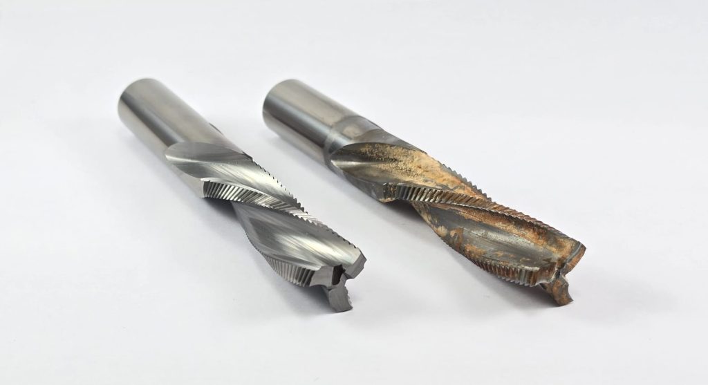 Worn carbide cutting tool beside a clean reground carbide tool showing the difference precision regrinding can make.